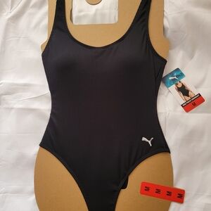 Puma Black Ribbed Scoop-Back One-Piece Swimsuit